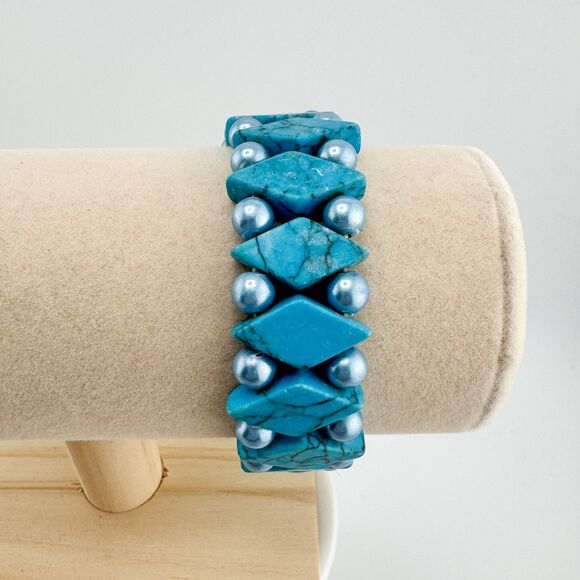 Turquoise Howlite Faux Pearl Beaded Stretch Bracelet Chunky Boho Southwestern - Picture 5 of 7